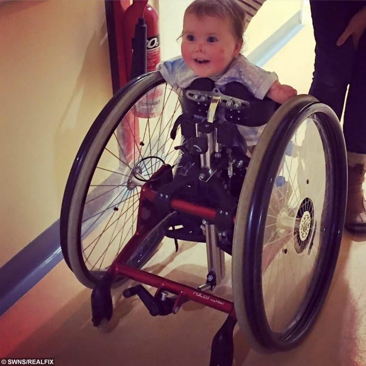 Harmonie-Rose Allen using her wheelchair for the first time