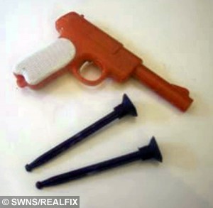 A toy gun with plastic darts similar to the one which Steve Easton had stuck up his nose for 44 years. See SWNS story SWDART: A man who regularly suffered a blocked nose feels like a right sucker after he sneezed out the cause - a toy DART stuck up his nostril for 44 YEARS. Stunned Steve Easton, 51, often had a case of the sniffles or a headache and put it down to hay fever. But his nasal passages are now clear for the first time since he was a toddler after one big blow out last week cleared the problem. He did a massive sneeze and out flew the sucker tip of a toy dart - which had been up his nose since he was a boy.